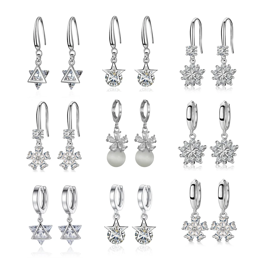 

New Cubic Zircon Snowflake Earrings Fashion Silver Color Opal Flower Stud Earrings For Women Christmas Gift