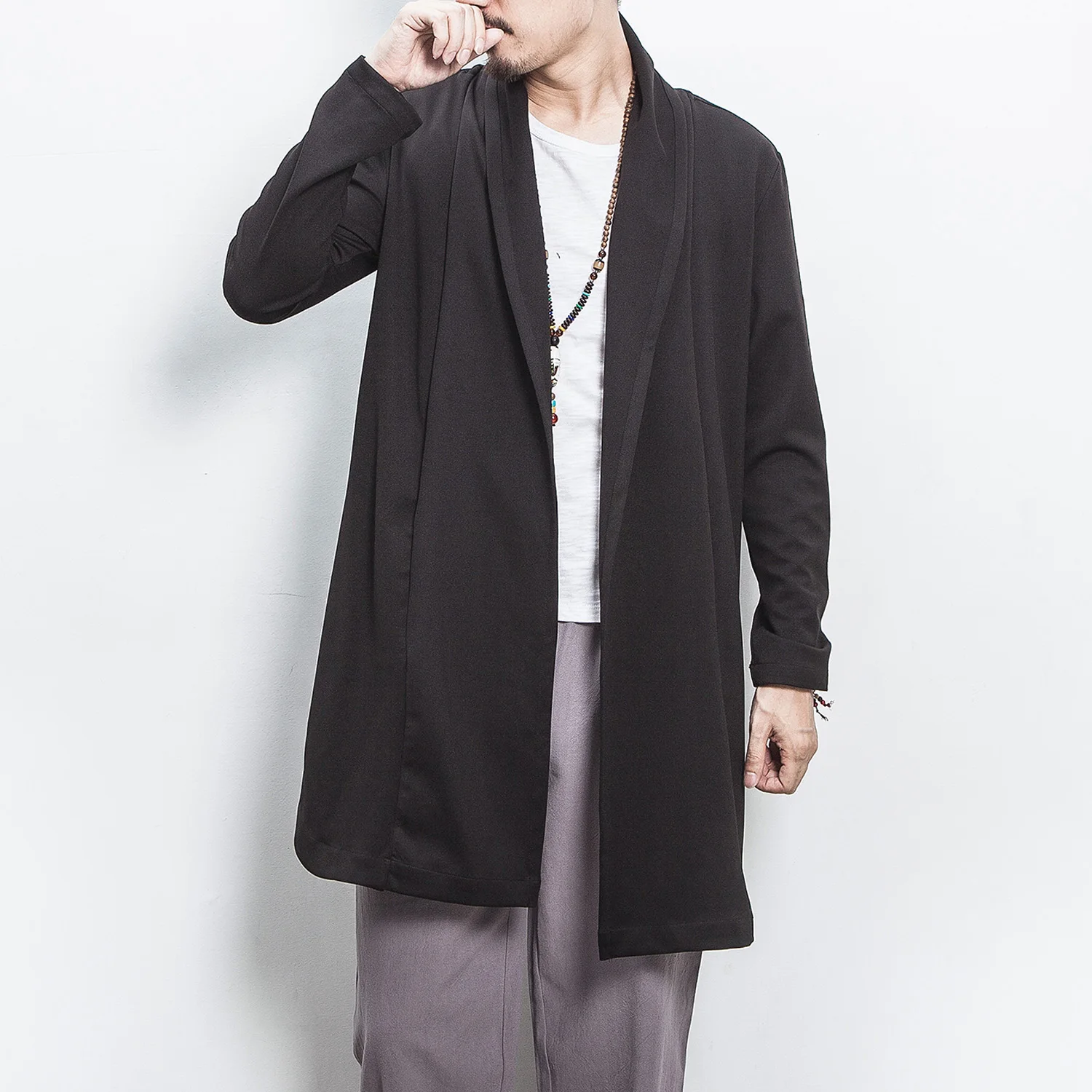 Мужской длинный кардиган в китайском стиле винтажный свободный однотонный