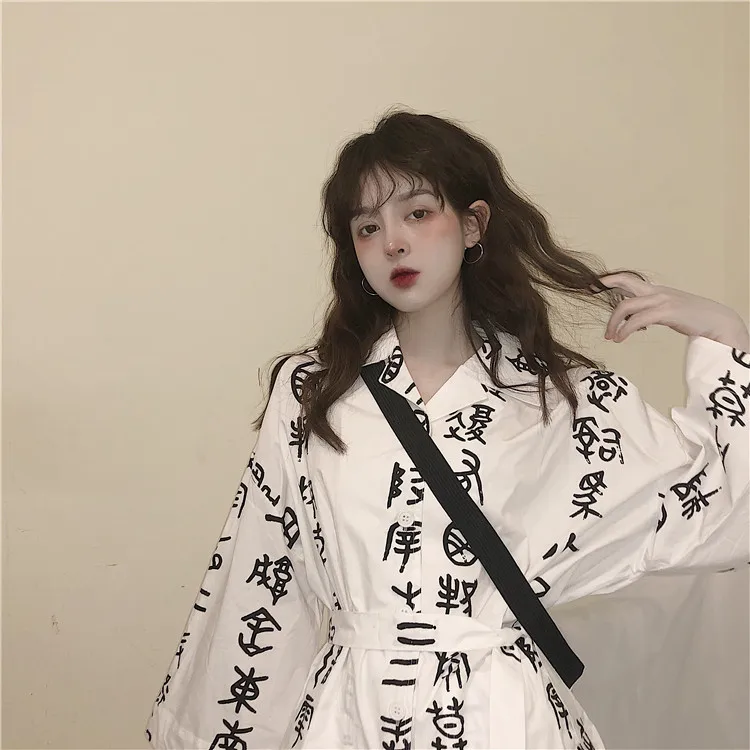 

Women Chinese Character Print Blouse Button Up Kimono Loose Long Summer Cardigan for Female Shirt Japanese Style Harajuku Black