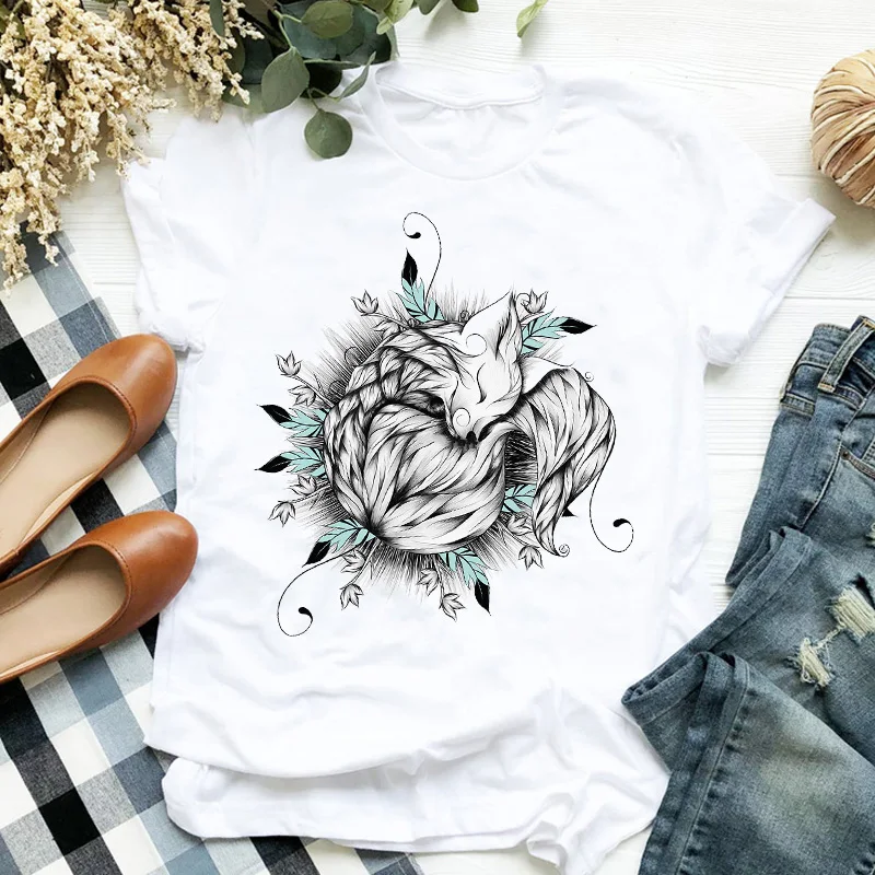 

Women Lady T Shirt Cute Fox Animal Printed Tshirt Ladies Short Sleeve Loose Tee Shirt Women Female Tops Clothes Graphic T-shirt