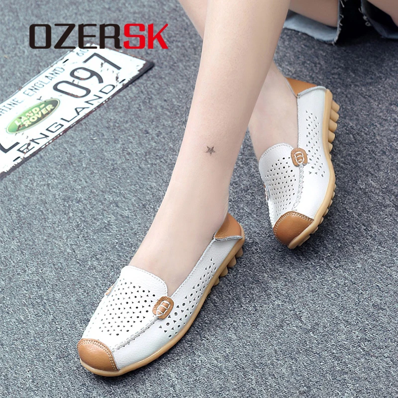 OZERSK New Casual Shoes Woman Genuine Leather Female Flats Hollow Breathable Loafers Lady Soft Footwear Summer | Обувь