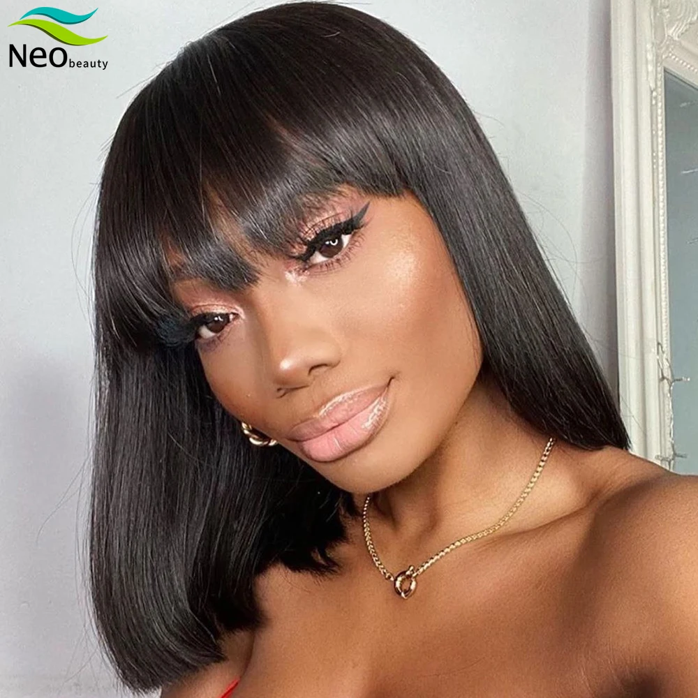 Парики из человеческих волос Neobeauty парик черного Боба с челкой 150% # 1B черные