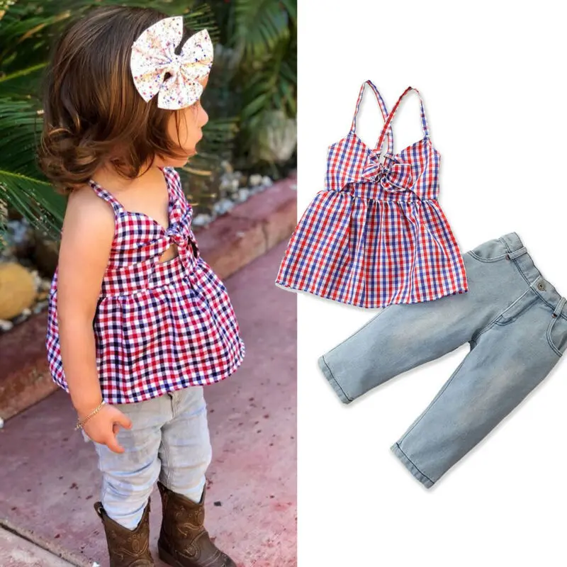 Комплект одежды для маленьких девочек клетчатый принт джинсовые штаны От 2 до 7