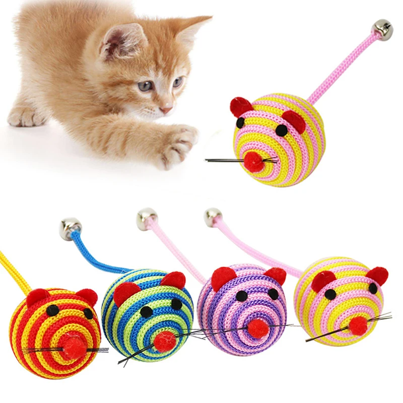 Pet Cat Toys Stripe Nylon Rope Round Ball Interactive Toys Long Tail Bell Cat Bite Play Toy Funny Amuse Training Pet Supplies фото