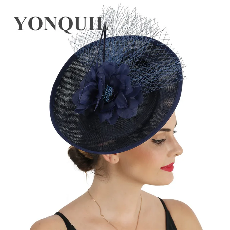 

Ladies Navy Hats Sinamay Fascinator For Wedding Women Tea Party Kentucky Derby Headpiece Race Feathers Formal Bridal Fedoras