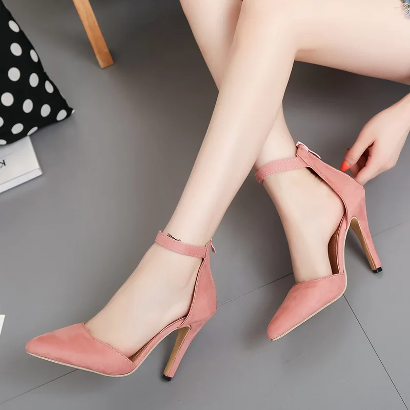 

Spring/Autumn 2021New Fine-heeledsuedemid-empty Pointed-toe Heels Single-shoe Womens Sandals Solid-colored Shoesfor Weddingwomen