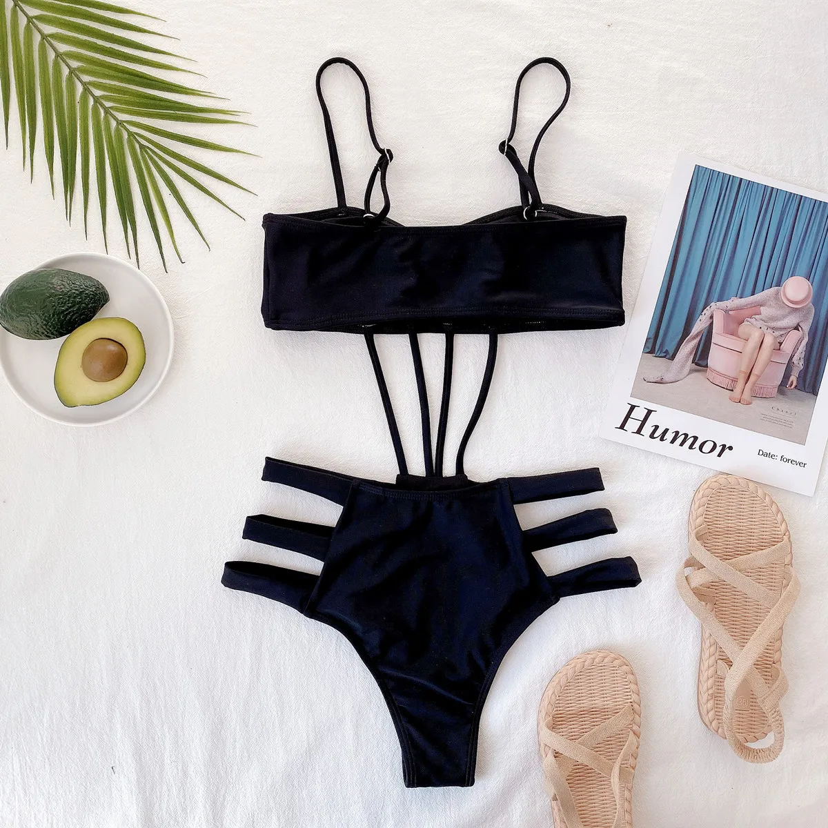 

2021 One Piece Swimsuit Women's Pure Black Strap Bikini Sexy Cutout Swimwear Beachwear Brazilian Swimming Suit Bathing Suit