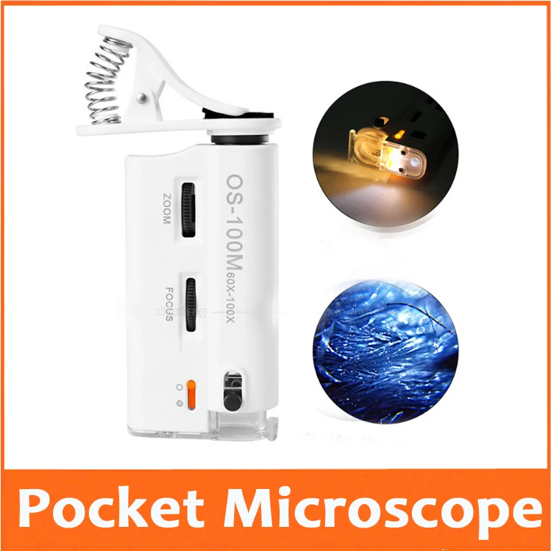 

60X-100X Pocket Zoom Focus Adjustable Illuminated Universal mobile phone Clip Type Microscope LED Magnifying Glass Magnifier