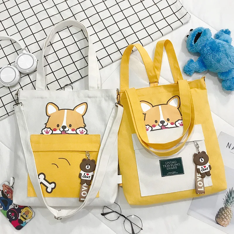

New Women Canvas Shoulder Bags Foldable Shopping Bag Cartoon Dog Tote Package Crossbody Bags Girls Students Traveling Handbag