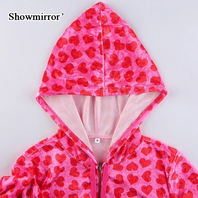 

Showmirror Velvet Heart Print Cropped Top Bomber Jacket Women Autumn Cute Pink Long Sleeve Coats Zipper Winter Fashion