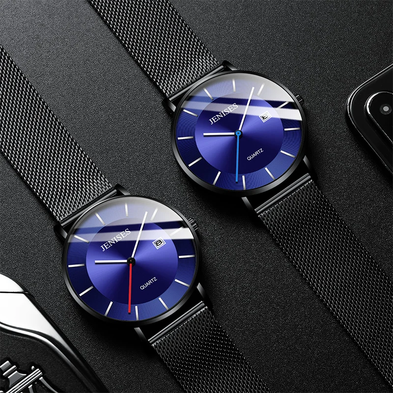 Модные брендовые мужские часы Толщина 6 мм кварцевые с календарем кожаным