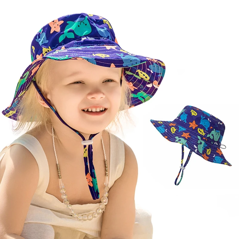 

Summer Baby Adjustable Outdoor Sun Hat Kids Wide Brim Bucket Hat Beach Hat With Chin Strap breathable and cool for 0-5y baby