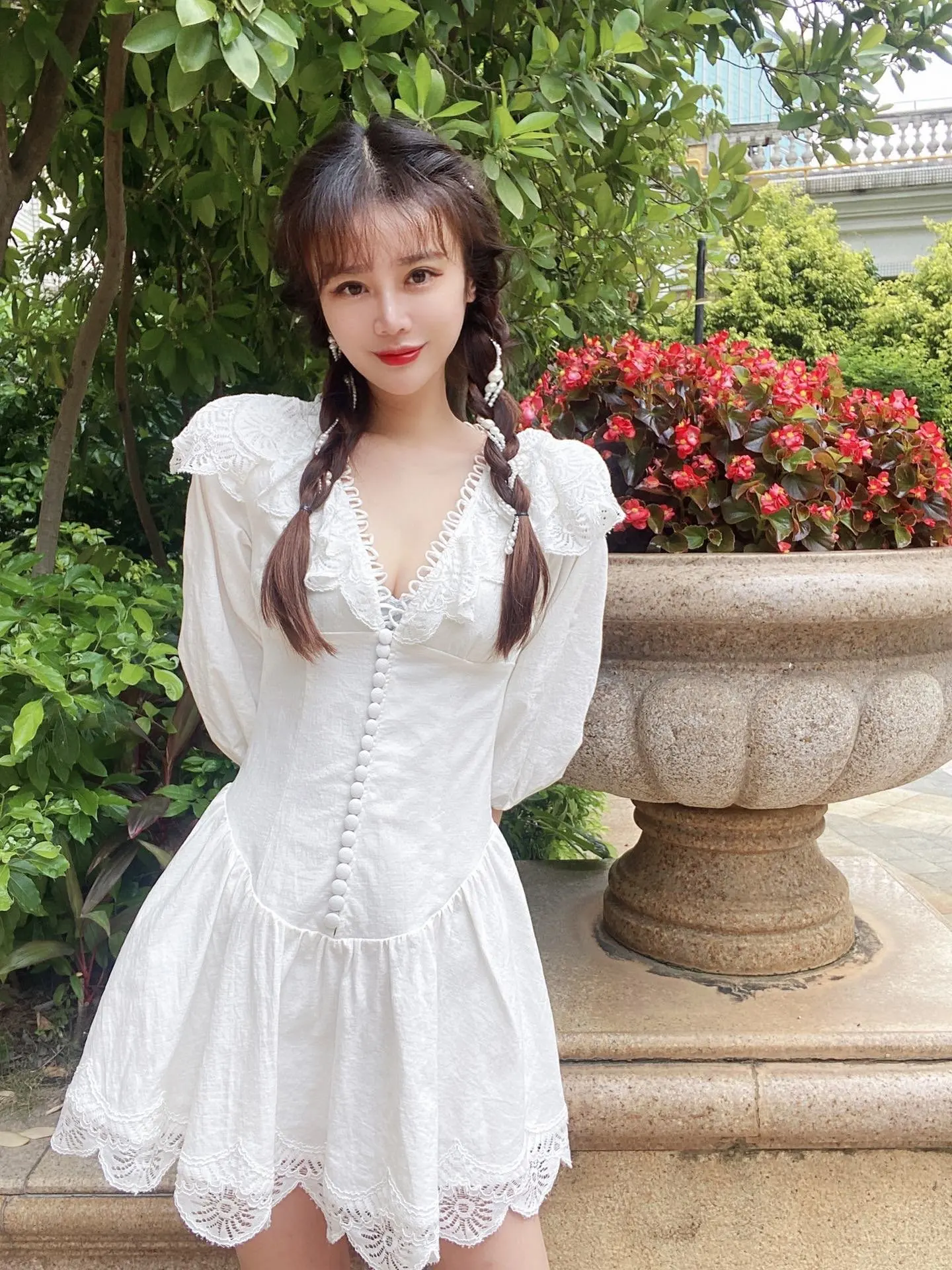 

New vestido MIDI linen summer 2021 heavy white hubble-bubble sleeve closed show thin waist dress female robe that Blanche