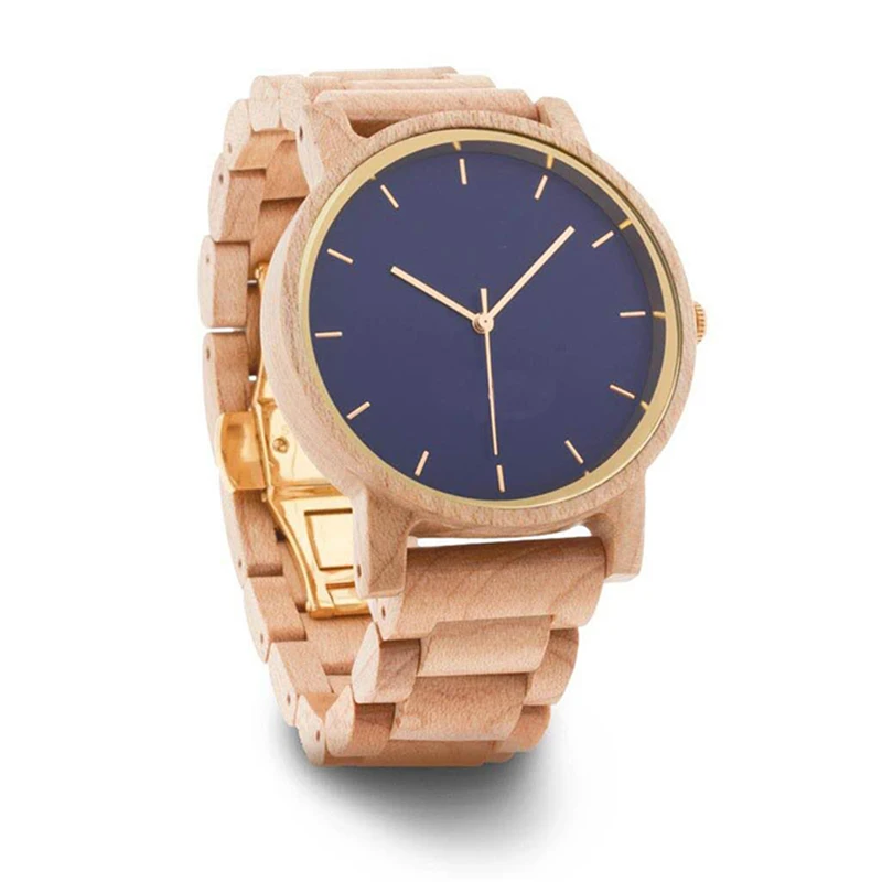 Dropshipping High Quality Design Your Own Men Engraved Gold and Maple Burl Wooden Wrist Watches with Blue Face