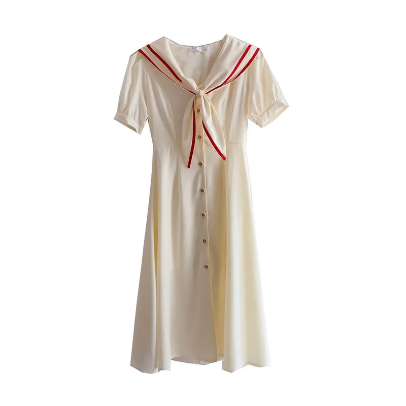 

Retro British Style Navy Collar Long Dress Female Slim A Line Contrast Color Vintage Dress Short Sleeves High Waist Casual Dress