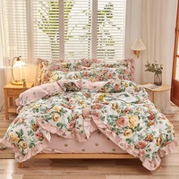 peony floral ruffles girls duvet cover set cotton brushed shabby chic blossom soft bedding set fitted sheet pillowcase 34pcs
