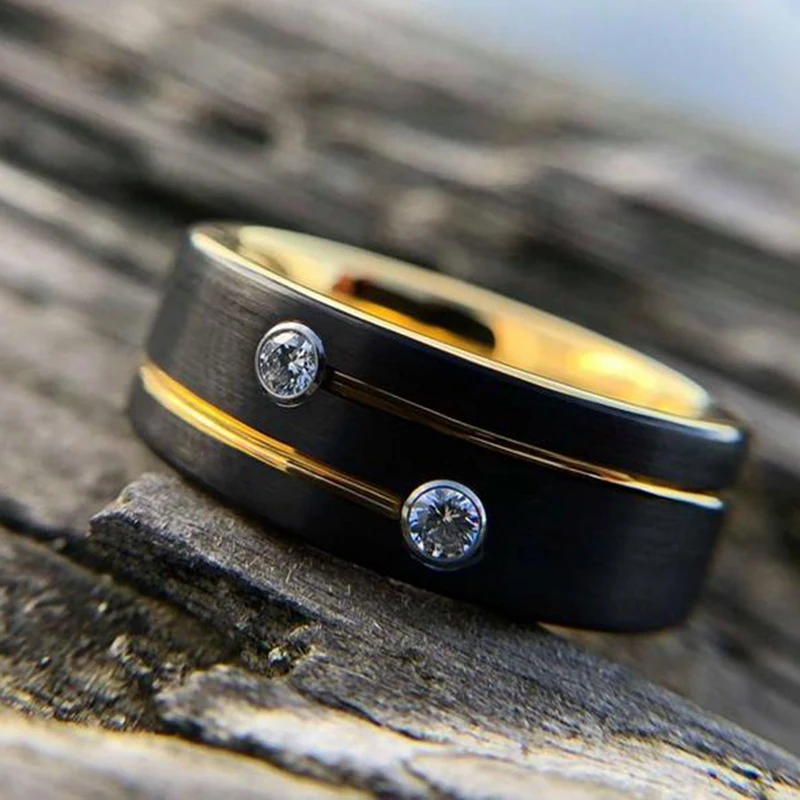 

Fashion 8MM Men's Black Brushed Stainless Steel Rings Thin Gold Grooved Line Zircon Ring Men's Wedding Anniversary Jewelry Gift