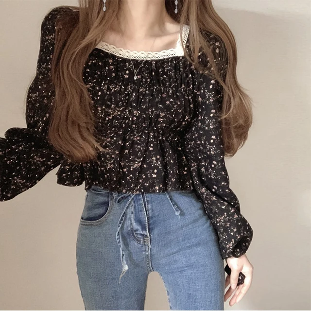 

Women's blouses Long-sleeved Blouse Casual Korean Square Collar Spring and Summer Floral Shirt Comfortable Fashion