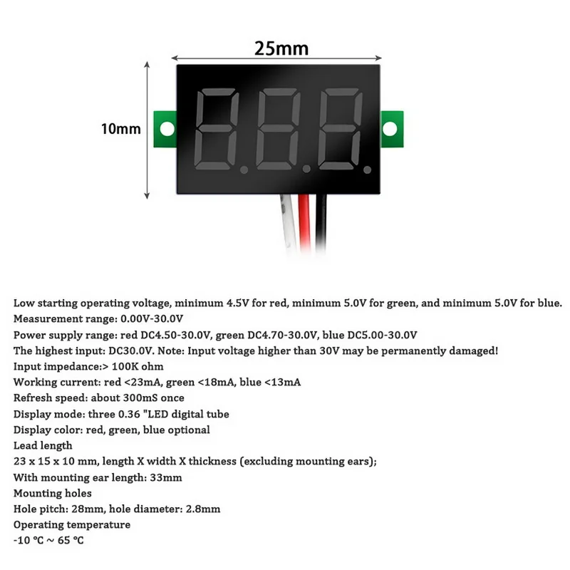 

DIY Red Blue Digital LED Mini Display Module DC2.5V-32V DC0-100V Voltmeter Tester Panel Meter Gauge for Motorcycle Car