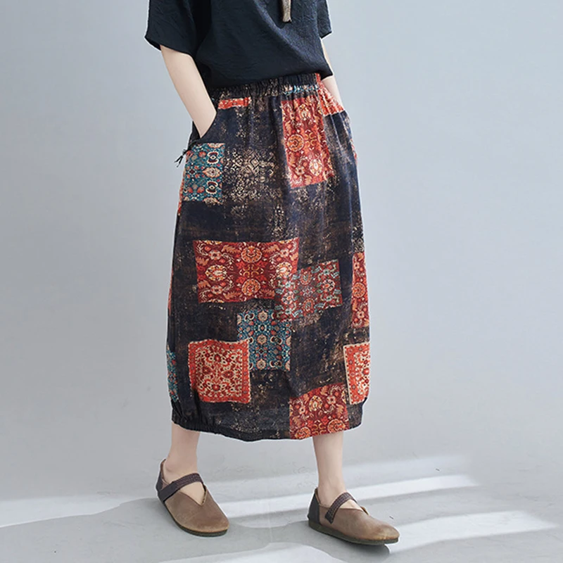 Женская прямая юбка в китайском стиле из смесовой хлопка с принтом повседневная