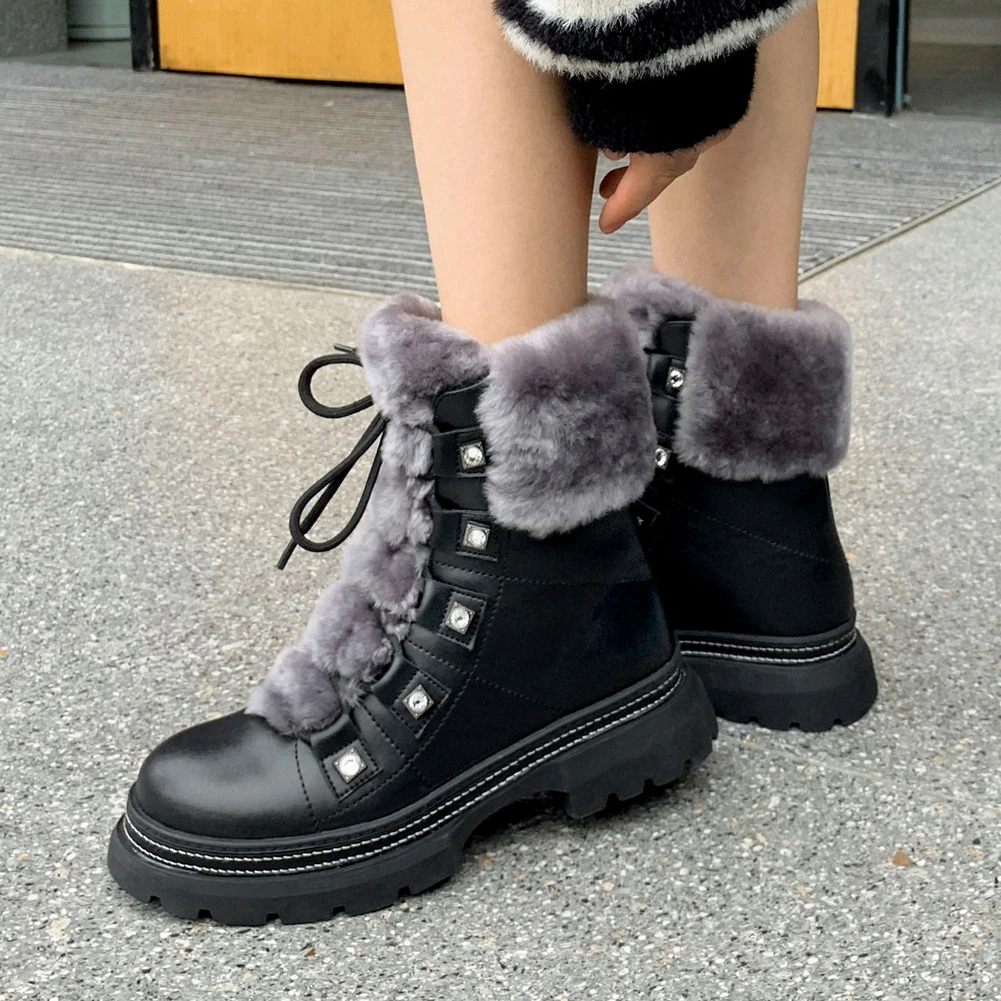 

BONJOMARISA Brand Stylish Cool Girl Round Toe Motorcycle Boots Lace Up Low Heel Boots Women Winter Casual Sewing Fur Shoes Woman