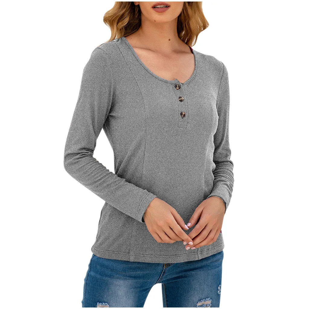 

Fashion Women Pullover Casual Long Sleeve O-neck Button Solid Tops T-shirt Blouse Blusa Feminina Blusas Mujer De Moda 2020