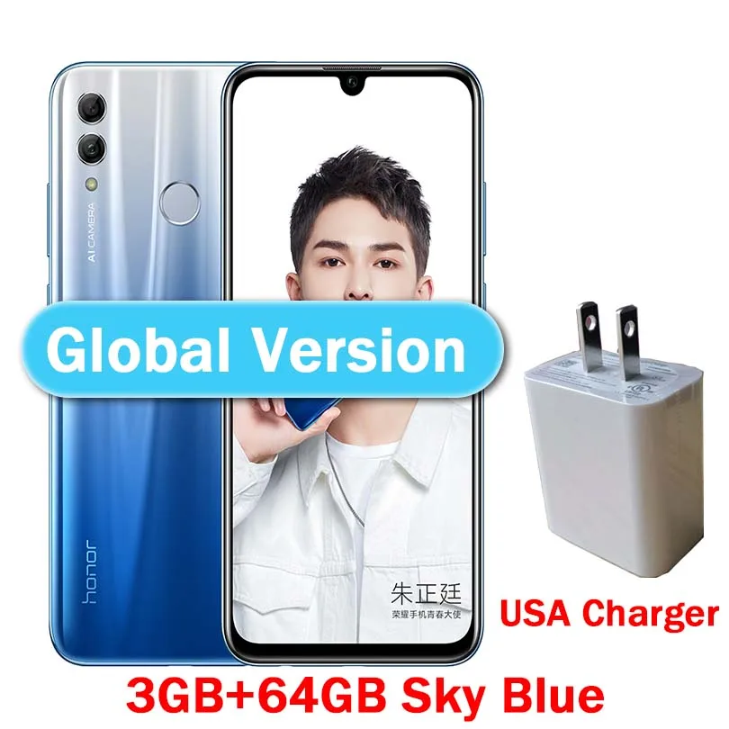 Global 3G 64G S-Blue Honor 10 Lite, 4G, мобильный телефон, Android 9,0, 6,21 дюйма, FHD, 2340X1080, двойной шрифт, задняя камера 24 МП, AI камера, отпечаток пальца, 710, Восьмиядерный - Цвет: Global 3G 64G S-Blue