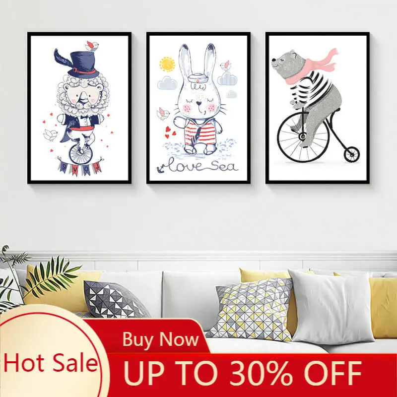 Настенная картина со смешными цирковыми животными львом кроликом и медведем в