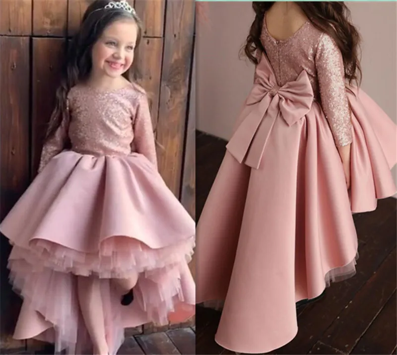 New Pink High-Low Flower Girl Dress for Wedding Long Sleeves Sequins Top Baby Girl Dress for Birthday Party Pageant Gown