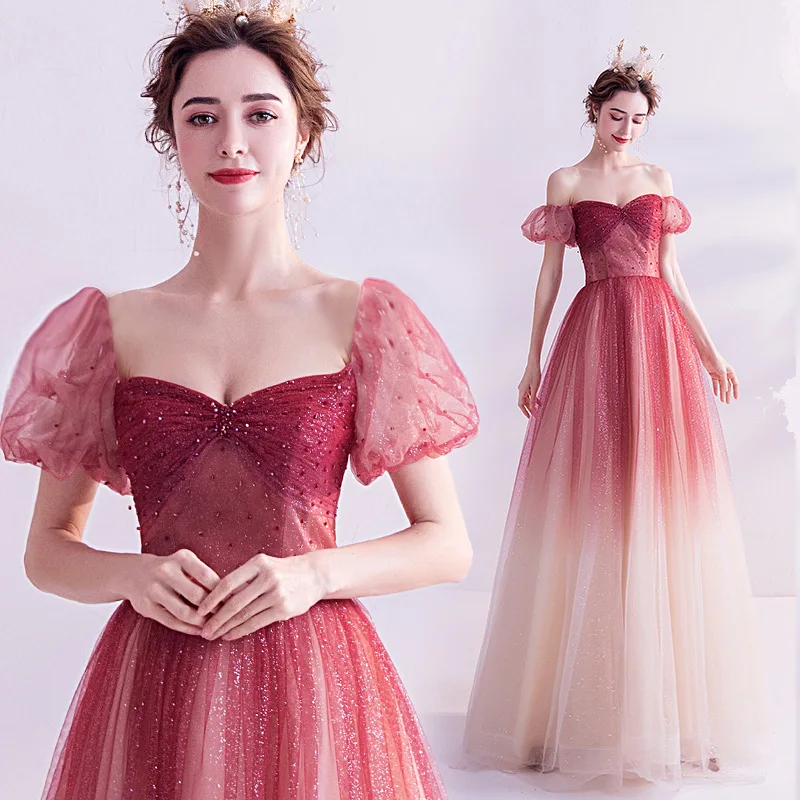 

Женское вечернее платье, бордовое блестящее изысканное платье с бисером и открытыми плечами, праздничное платье из тюля, потрясающие платья для выпускного вечера
