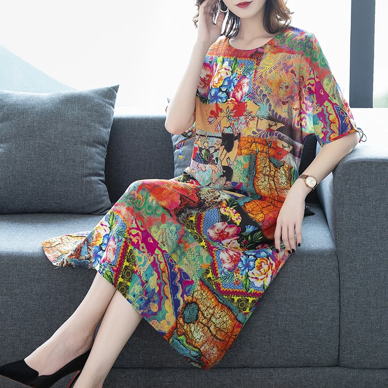 Цветочная Летняя женская шелковая одежда Пляжное Платье Бохо женские платья