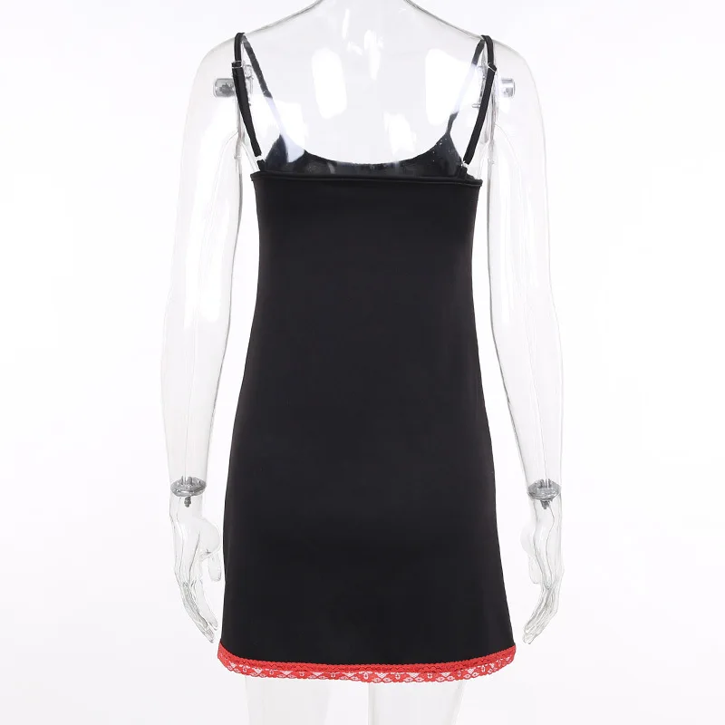 

Gothic Anime Print Mini Dress Summer Harajuku High Waist Black Party Dress Women Streetwear Patchwork Lace Dresses