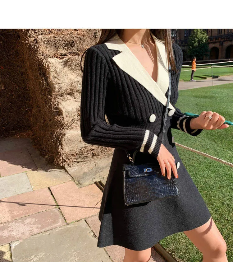 

Women Long Sleeve Knitted Black Dress Elegant Dresses