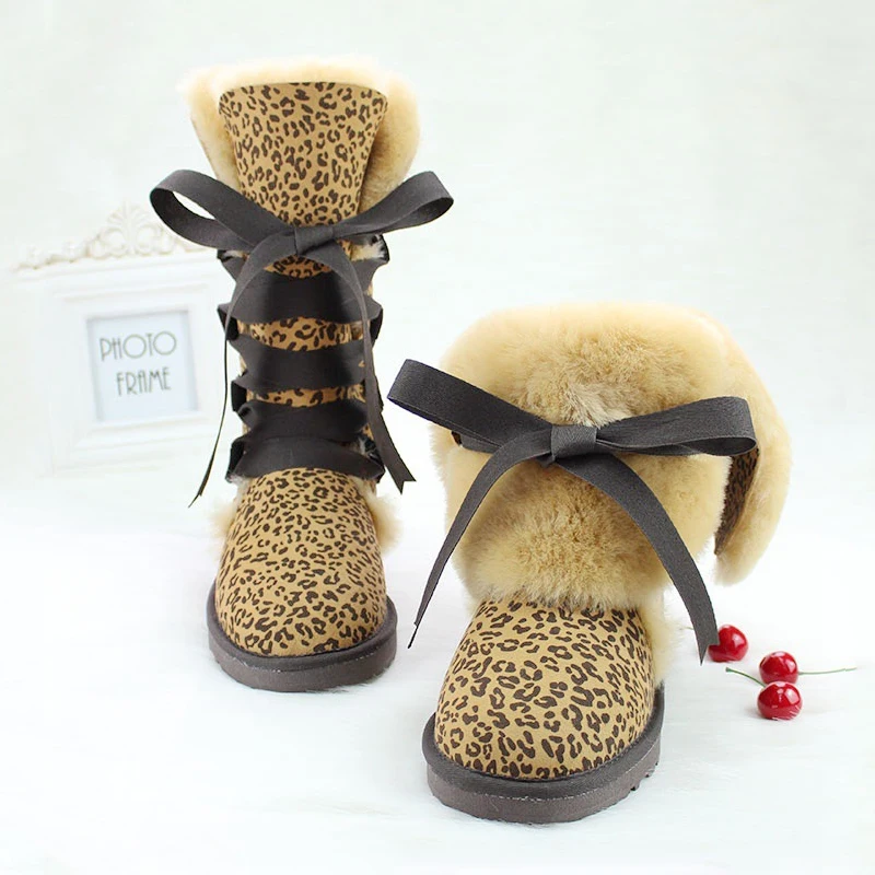 Leopard Новинка; Модные Классические Теплые зимние сапоги в австралийском стиле; нескользящие женские зимние сапоги на натуральном меху; женская обувь на плоской подошве из овечьей шерсти - Цвет: Leopard