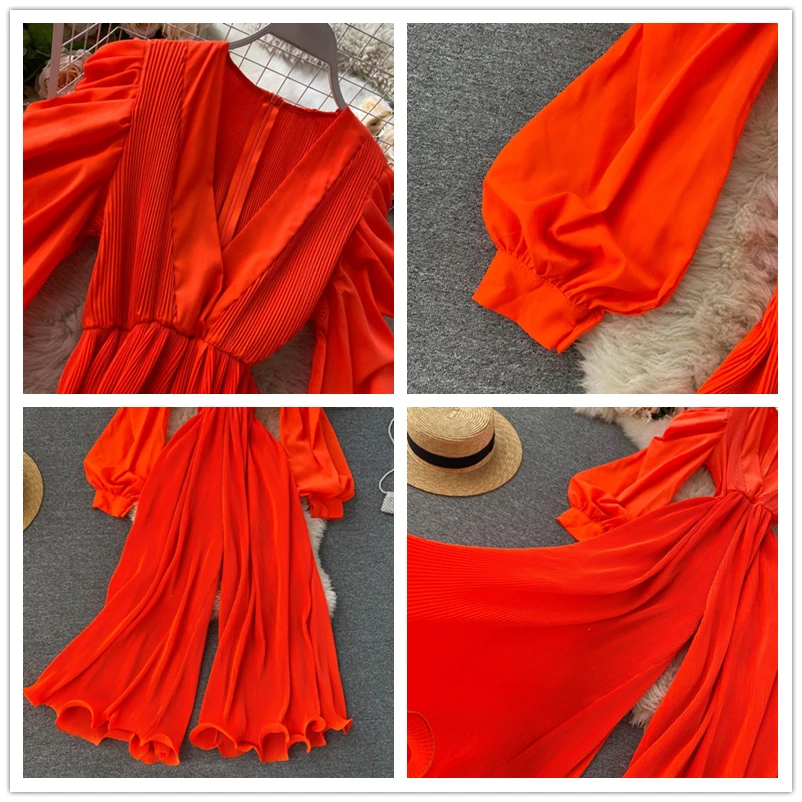 

SINGRAIN Women Design Chic Jumpsuits Autumn V Neck Puff Sleeve Casual Solid Rompers Korean Style Fashion Wide Leg Long Rompers
