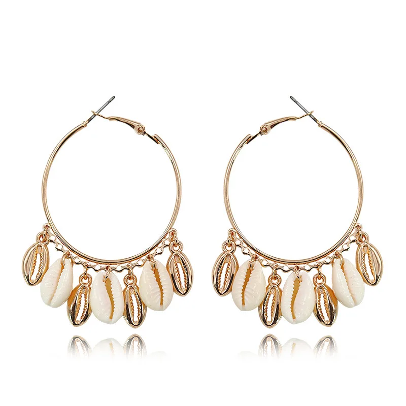 Богемные золотые натуральные морские раковины круглые массивные висячие серьги