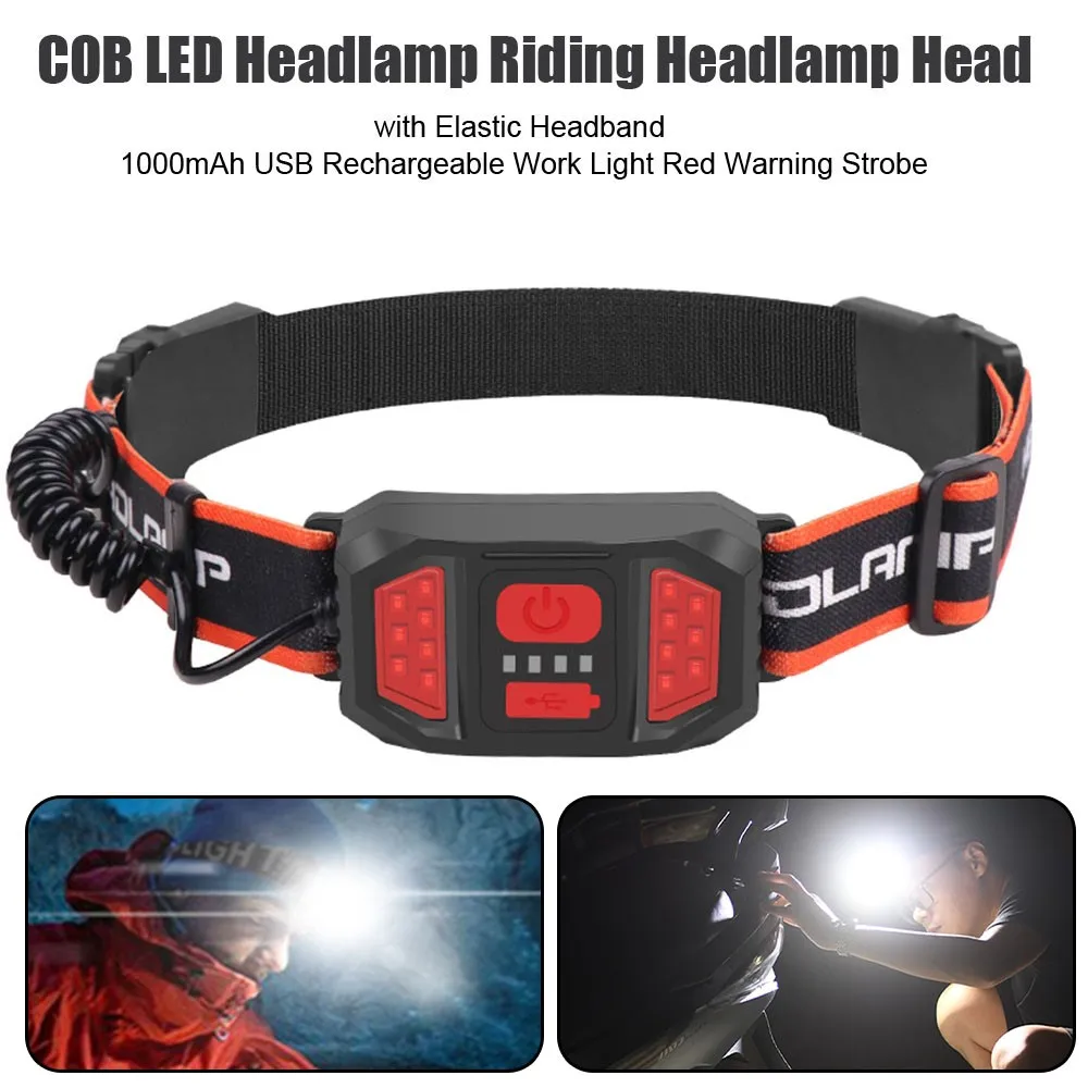 

COB LED Headlamp Riding Headlamp Head with Elastic Headband 1000mAh USB Rechargeable Work Light Red Warning Strobe
