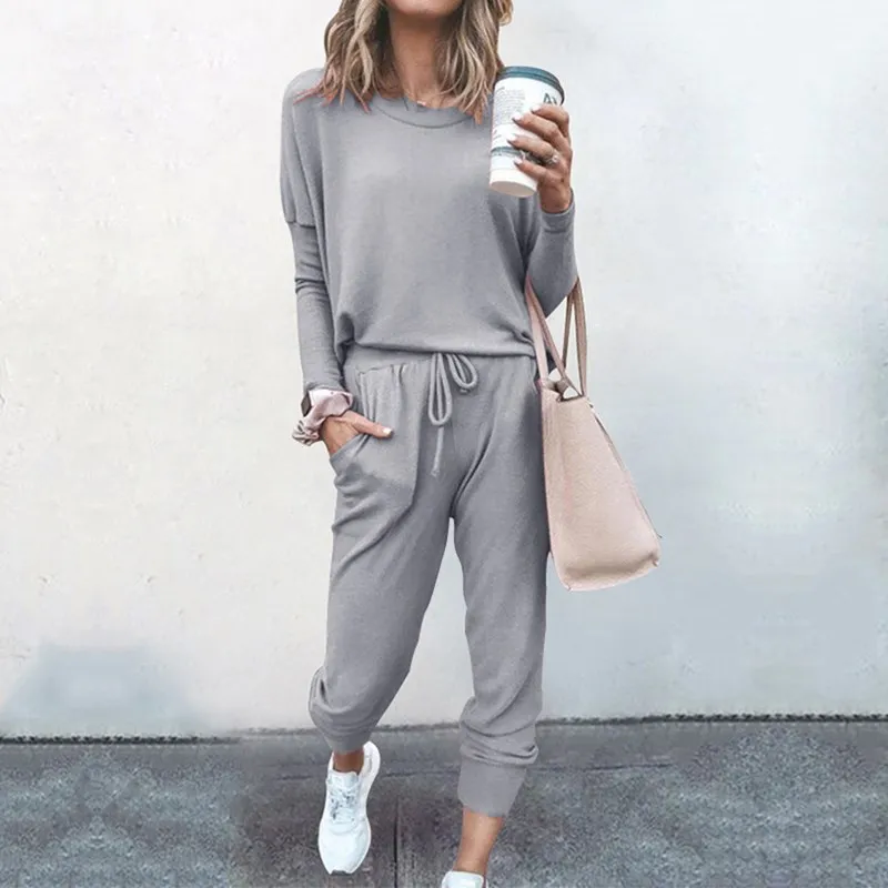 

Women Solid Color Long Sleeve O Neck Blouse Top Drawstring Pants Sport Tracksuit Sports Shirts Autumn Winter Set Tracksuit Print