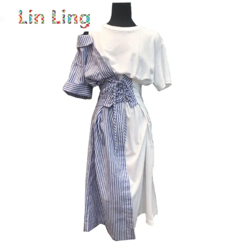 

LinLing Korean Fashion Long Shirt Dress Women Striped Contrast Patch Bandage Dresses 2021 Summer Elegant Off Shoulder Vestidos