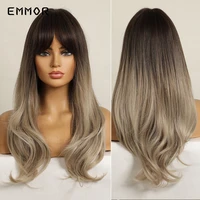 emmor long wavy ombre brown blonde wigs with bangs synthetic natural wig for african women heat resistant cosplay hair wigs
