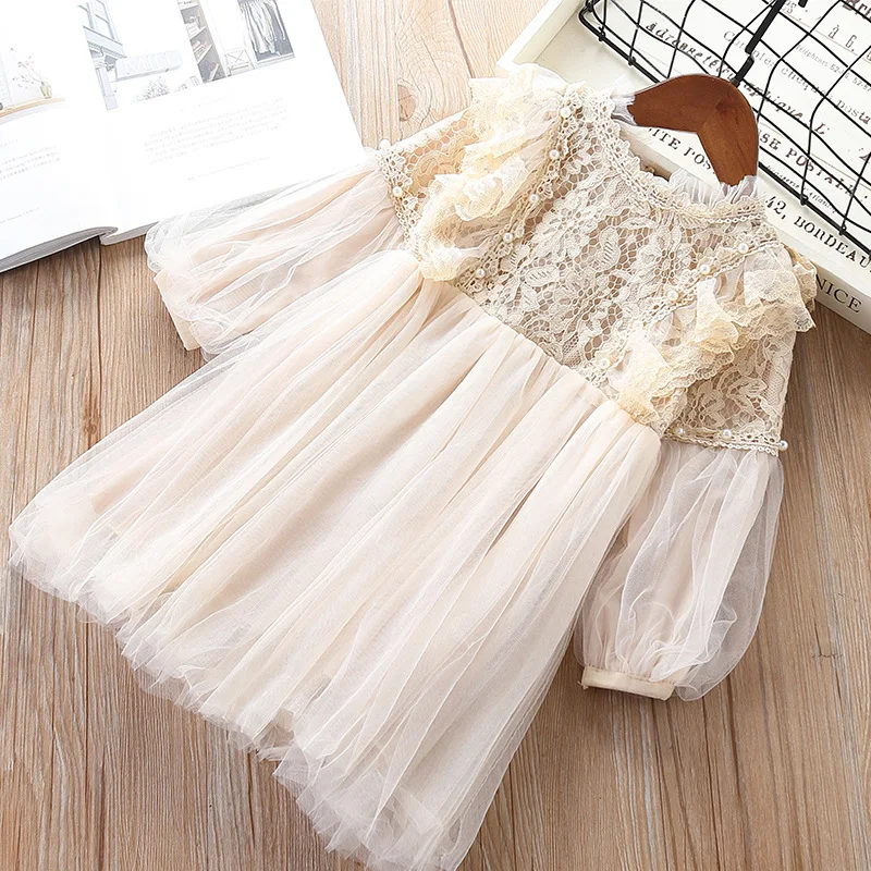 Girl Dresses Lantern Sleeve Princess Party 2019 Spring Kids Lace Children Dress With Pearls Purple And White 3-7T | Детская одежда и