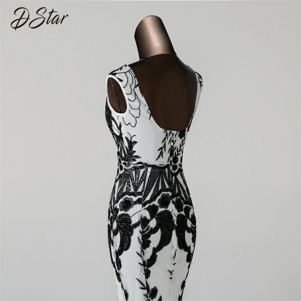 Элегантное Черное/Белое платье русалки с блестками и черным цветком Вечернее