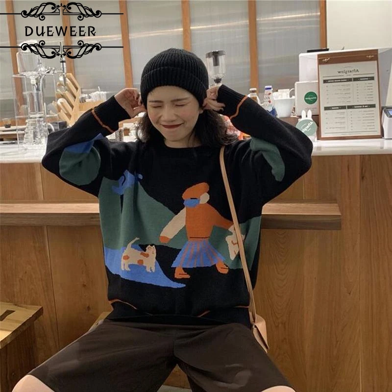 

DUEWEER Women Pullovers Sweaters Cartoon Print Outwear Harajuku Loose Lovely Leisure Chic Trendy All-match Student Retro Street