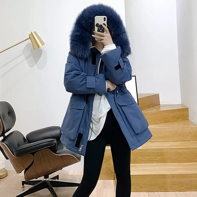 Женский пуховик с воротником из натурального Лисьего меха свободная парка