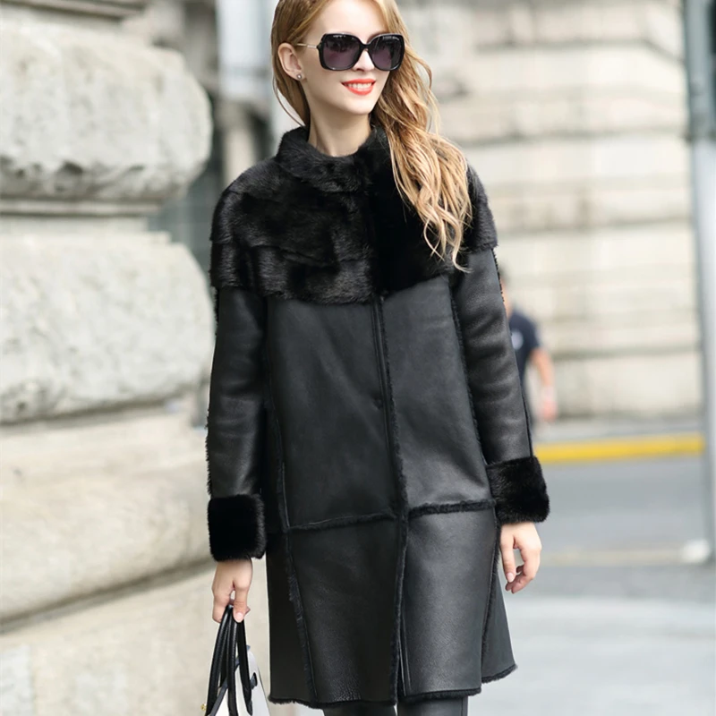 Женское длинное пальто из овчины натуральной кожи с меховым воротником зима 2020 |