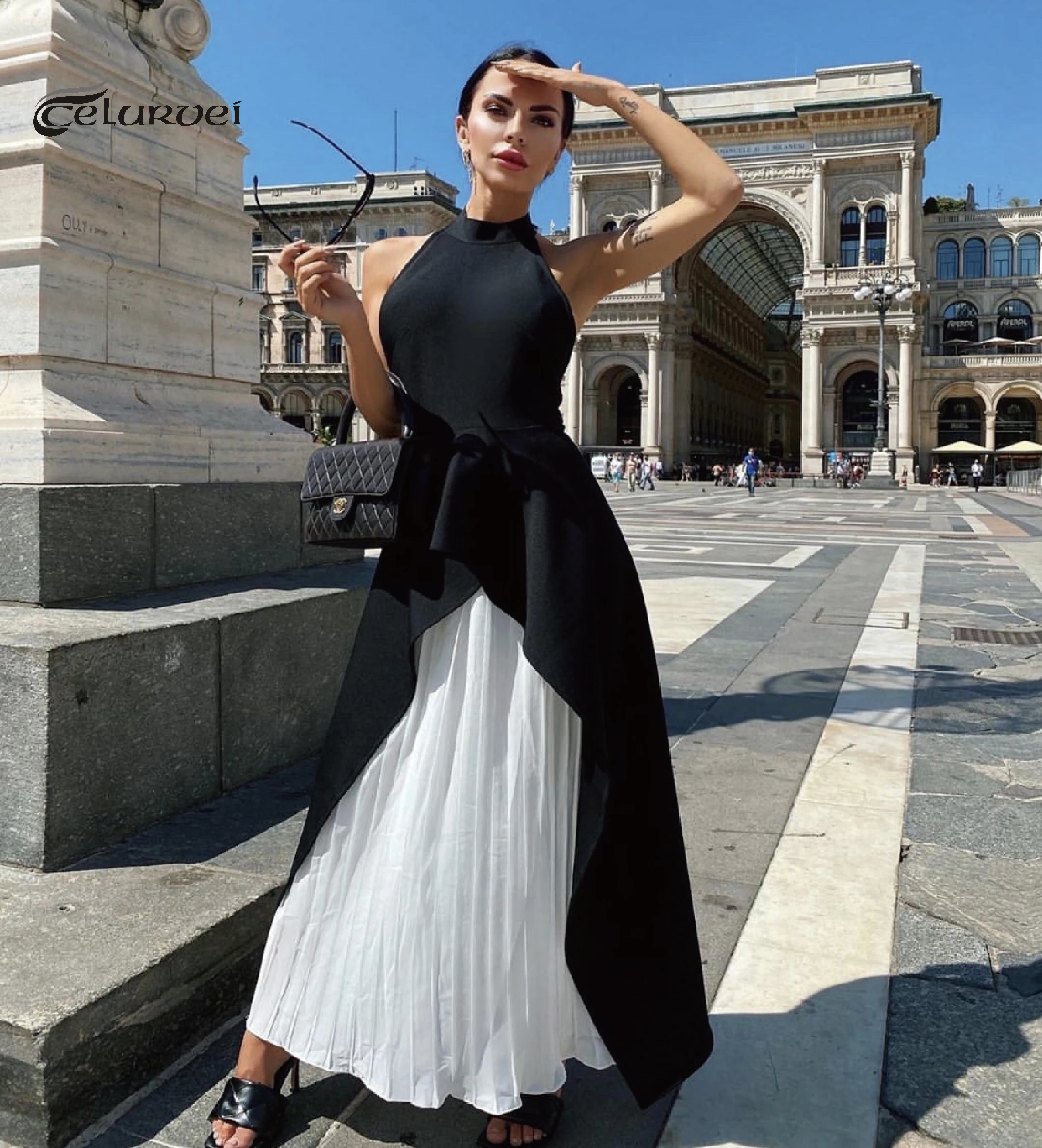 

High quality black and white necktie celebrity evening dresses