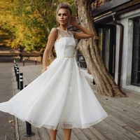 new short wedding dresses beach tea length lace appliques bride gowns tulle o neck sleeveless custom made vestido de noiva 2021