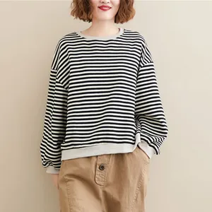 Женская хлопковая толстовка, с длинным рукавом, в полоску, свободный винтажный стиль, Повседневный пуловер, толстовки, на осень, S1738, 2020