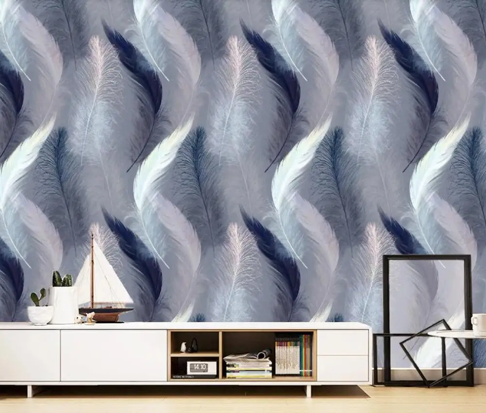 3D обои на заказ роспись в европейском стиле ручная синие белые черные и перья