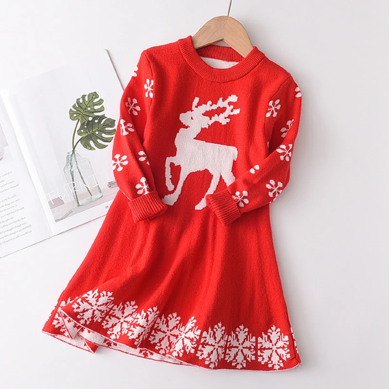 

2021 Newest Long Sleeve Sweater Dress Girls Princess Baby Girl Clothes Sweet Tutu Party Dresses Christmas Little Girl Clothes